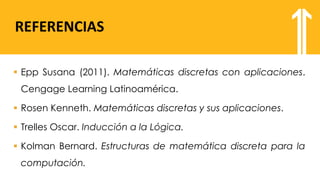 REFERENCIAS
▪ Epp Susana (2011). Matemáticas discretas con aplicaciones.
Cengage Learning Latinoamérica.
▪ Rosen Kenneth. Matemáticas discretas y sus aplicaciones.
▪ Trelles Oscar. Inducción a la Lógica.
▪ Kolman Bernard. Estructuras de matemática discreta para la
computación.
 