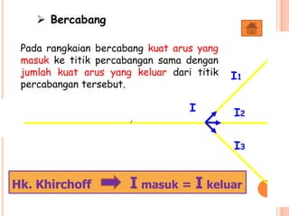 Pada rangkaian bercabang kuat arus yang
masuk ke titik percabangan sama dengan
jumlah kuat arus yang keluar dari titik
percabangan tersebut.
I
I1
I2
I3
Hk. Khirchoff I masuk = I keluar
 Bercabang
 