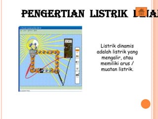 Pengertian Listrik Dinam
Listrik dinamis
adalah listrik yang
mengalir, atau
memiliki arus /
muatan listrik.
 