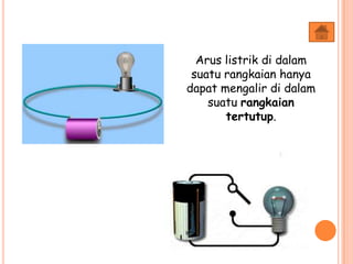 Arus listrik di dalam
suatu rangkaian hanya
dapat mengalir di dalam
suatu rangkaian
tertutup.
 