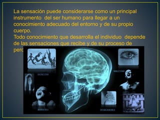 La sensación puede considerarse como un principal 
instrumento del ser humano para llegar a un 
conocimiento adecuado del entorno y de su propio 
cuerpo. 
Todo conocimiento que desarrolla el individuo depende 
de las sensaciones que recibe y de su proceso de 
percepción. 
 