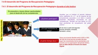 7.4 El desarrollo del Programa de Recuperación Pedagógica
7.4.1. El desarrollo del Programa de Recuperación Pedagógica durante el año lectivo
¿Quiénes participan?
¿En qué momento se
inicia?
¿Cuánto tiempo dura ?
Aquellos que al finalizar el periodo obtienen
como calificativo B o C en la mayoría de las
competencias asociadas a un área o cuando
presentan dificultades recurrentes en sus
competencias. También los que tienen un (01)
área pendientes de recuperación del grado
anterior
Se da inicio a partir del segundo
periodo (bimestre, trimestre,
semestre u otros).
Tiene una duración flexible entre el 20% a 30%
del total de horas lectivas anuales del área,
según las necesidades de los estudiantes y de
acuerdo con la organización del periodo lectivo,
que no debe afectar el horario de clases
regular
Es preventivo y busca ofrecer oportunidades
para el desarrollo de las competencias.
Mg.EdgarZavaletaPortillo
 