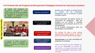 7.4.2 El desarrollo del Programa de Recuperación Pedagógica durante las vacaciones escolares
¿Quiénes participan?
¿Y si un estudiante no
puede asistir?
¿Cuánto tiempo dura?
Aquellos que al finalizar un período lectivo
no cumplen con las condiciones
establecidas para la promoción al grado
inmediato superior.
Previa autorización del Director asume el
compromiso de prepararse para ser
evaluado en las fechas o períodos
establecidos por la Dirección de la I.E a la
que pertenecen.
La IE brindará orientaciones sobre los
aprendizajes a ser evaluados.
Tiene una duración de seis semanas en
las que se desarrollará un mínimo de
veinte (20) y un máximo de treinta y seis
(36) horas pedagógicas efectivas por área
curricular.
El diseño del programa de
recuperación pedagógica se realiza
sobre la base del informe de progreso
del aprendizaje de los estudiantes a fin
de asegurar su pertinencia a las
necesidades de aprendizaje.
Por razones de viaje u otros motivos
excepcionales puede hacerlo en otra I.E
previo conocimiento del Director de origen.
¿El estudiante puede
asistir a otra IE?
¿Dónde se registran
los resultados?
Oportunamente en el Acta consolidada de
evaluación en el SIAGIE.La Comisión de Calidad, Innovación y
Aprendizajes, será la encargada de
realizar la supervisión del Programa de
Recuperación.
Mg.EdgarZavaletaPortillo
 