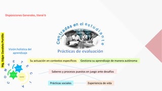 Disposiciones Generales, literal b
Gestiona su aprendizaje de manera autónomaSu actuación en contextos específicos
Saberes y procesos puestos en juego ante desafíos
Ce
el
Ce
Prácticas sociales Experiencia de vida
Visión holística del
aprendizaje
Capacidad
Capacidad
Capacidad
E
Mg.EdgarZavaletaPortillo
 