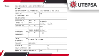 Datos: LOCAL/RECINTO: ÀREA ADMINISTRATIVA
DATOS:
DIMENSIONES Y CARACTERISTICAS CONSTRUCTIVAS DEL LOCAL
NIVEL DE
ILUMINACION NDI
300 Lux
DIMENSIONES
LONGITUD L 28,35 m
SUPERFICI
E LOCAL
(m2)
500,3775
ANCHO W 17,65 m
ALTURA HL 2,6 m
FACTORES DE
REFLEXION
TECHO PARED SUELO
0,4 0,7 0,4
TIPO DE
LAMPARA:
LAMPARA DE TECHO
MODELO LED RS 200
POTENCIA 4*75 W
FLUJO LUMINOSO 8250 Lm
COEF. DE CONSERVACION (Cd): 0,80
 
