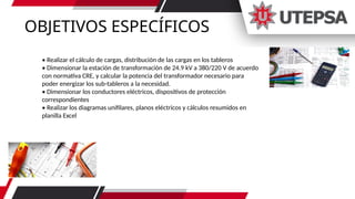 OBJETIVOS ESPECÍFICOS
• Realizar el cálculo de cargas, distribución de las cargas en los tableros
• Dimensionar la estación de transformación de 24.9 kV a 380/220 V de acuerdo
con normativa CRE, y calcular la potencia del transformador necesario para
poder energizar los sub-tableros a la necesidad.
• Dimensionar los conductores eléctricos, dispositivos de protección
correspondientes
• Realizar los diagramas unifilares, planos eléctricos y cálculos resumidos en
planilla Excel
 