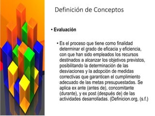 Definición de Conceptos
• Evaluación
• Es el proceso que tiene como finalidad
determinar el grado de eficacia y eficiencia,
con que han sido empleados los recursos
destinados a alcanzar los objetivos previstos,
posibilitando la determinación de las
desviaciones y la adopción de medidas
correctivas que garanticen el cumplimiento
adecuado de las metas presupuestadas. Se
aplica ex ante (antes de), concomitante
(durante), y ex post (después de) de las
actividades desarrolladas. (Definicion.org, (s.f.)
 