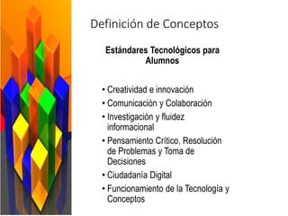 Definición de Conceptos
Estándares Tecnológicos para
Alumnos
• Creatividad e innovación
• Comunicación y Colaboración
• Investigación y fluidez
informacional
• Pensamiento Crítico, Resolución
de Problemas y Toma de
Decisiones
• Ciudadanía Digital
• Funcionamiento de la Tecnología y
Conceptos
 