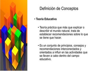 Definición de Conceptos
• Teoría Educativa
• Teoría práctica que más que explicar o
describir el mundo natural, trata de
establecer recomendaciones sobre lo que
se tiene que hacer.
• Es un conjunto de principios, consejos y
recomendaciones interconectados y
orientados a influir en las actividades que
se lleven a cabo dentro del campo
educativo.
 