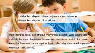 Pola interaksi sosial dan struktur masyarakat sekolah, yang antara lain
meliputi berbagai hubungan kekuasaan, stratifikasi sosial dan pola
kepemimpinan informal sebagai terdapat dalam clique serta kelompok-
kelompok murid lainnya.
Hakikat kebudayaan sekolah sejauh ada perbedaannya
dengan kebudayaan di luar sekolah
A
B
 