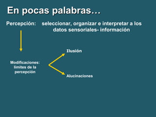 EEnn ppooccaass ppaallaabbrraass…… 
Percepción: seleccionar, organizar e interpretar a los 
datos sensoriales- información 
Modificaciones: 
límites de la 
percepción 
Ilusión 
Alucinaciones 
 