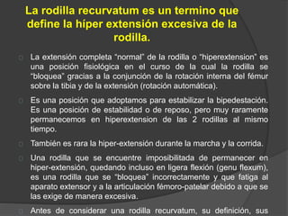 La rodilla recurvatum es un termino que
define la híper extensión excesiva de la
rodilla.
La extensión completa “normal” de la rodilla o “hiperextension” es
una posición fisiológica en el curso de la cual la rodilla se
“bloquea” gracias a la conjunción de la rotación interna del fémur
sobre la tibia y de la extensión (rotación automática).
Es una posición que adoptamos para estabilizar la bipedestación.
Es una posición de estabilidad o de reposo, pero muy raramente
permanecemos en hiperextension de las 2 rodillas al mismo
tiempo.
También es rara la hiper-extensión durante la marcha y la corrida.
Una rodilla que se encuentre imposibilitada de permanecer en
hiper-extensión, quedando incluso en ligera flexión (genu flexum),
es una rodilla que se “bloquea” incorrectamente y que fatiga al
aparato extensor y a la articulación fémoro-patelar debido a que se
las exige de manera excesiva.
Antes de considerar una rodilla recurvatum, su definición, sus
 
