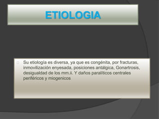ETIOLOGIA
Su etiología es diversa, ya que es congénita, por fracturas,
inmovilización enyesada, posiciones antálgica, Gonartrosis,
desigualdad de los mm.ii. Y daños paralíticos centrales
periféricos y miogenicos
 