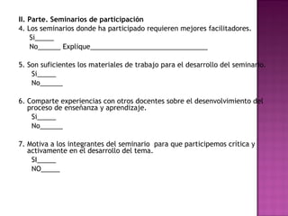 II. Parte. Seminarios de participación
4. Los seminarios donde ha participado requieren mejores facilitadores.
Si_____
No______ Explique_______________________________
 
5. Son suficientes los materiales de trabajo para el desarrollo del seminario.
Si_____
No______
6. Comparte experiencias con otros docentes sobre el desenvolvimiento del
proceso de enseñanza y aprendizaje.
Si_____
No______
7. Motiva a los integrantes del seminario  para que participemos crítica y
activamente en el desarrollo del tema.
SI_____
NO_____

 