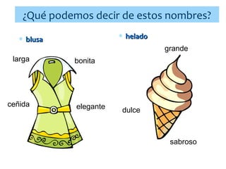 ¿Qué podemos decir de estos nombres?
∗ helado

∗ blusa

grande
larga

ceñida

bonita

elegante

dulce

sabroso

 
