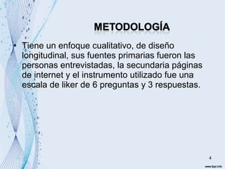 • Tiene un enfoque cualitativo, de diseño 
longitudinal, sus fuentes primarias fueron las 
personas entrevistadas, la secundaria páginas 
de internet y el instrumento utilizado fue una 
escala de liker de 6 preguntas y 3 respuestas. 
4 
 