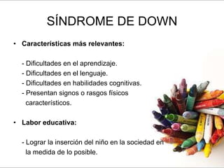 SÍNDROME DE DOWN
• Características más relevantes:

  - Dificultades en el aprendizaje.
  - Dificultades en el lenguaje.
  - Dificultades en habilidades cognitivas.
  - Presentan signos o rasgos físicos
    característicos.

• Labor educativa:

  - Lograr la inserción del niño en la sociedad en
    la medida de lo posible.
 