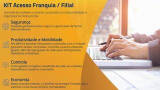 KIT Acesso Franquia / Filial
Segurança
Firewalls garantem acesso seguro e gerenciado de forma
descentralizada
Produtividade e Mobilidade
APs (WiFi) e Switches fisicamente conectados com o Firewall
garantem acesso controlado, incluindo usuários visitantes
(guest), além de segregação de redes para Smartphones,
Notebooks e Desktops.
Controle
Tenha gestão completa e detalhada de todas as unidades,
dispositivos e usuários conectados
Economia
Basta conexão Internet, a CorpFlex vai entregar Firewall, Aps e
Switches na forma de serviços mensalizados
Sua rede de unidades e usuários conectados com disponibilidade e
segurança 24 horas por dia.
 