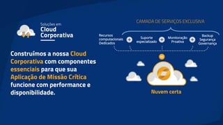 Recursos
computacionais
Dedicados
Suporte
especializado
Monitoração
Proativa
Backup
Segurança
Governança
Construímos a nossa Cloud
Corporativa com componentes
essenciais para que sua
Aplicação de Missão Crítica
funcione com performance e
disponibilidade.
CAMADA DE SERVIÇOS EXCLUSIVA
 