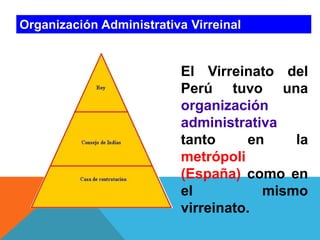 Organización Administrativa Virreinal
El Virreinato del
Perú tuvo una
organización
administrativa
tanto en la
metrópoli
(España) como en
el mismo
virreinato.
 