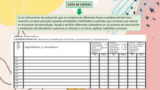 LISTA DE COTEJO
Es un instrumento de evaluación que se compone de diferentes frases o palabras donde hace
mención con gran precisión aquellas actividades, habilidades o actitudes que se tienen que valorar
en el proceso de aprendizaje. Ayuda a verificar diferentes indicadores en un proceso de observación
o evaluación del estudiante o persona en relación a un tema, aptitud, habilidad o proceso.
 