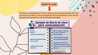 DIARIO DE CLASE
Promover la metacognición. Priorizar observaciones contextualizadas. Servir de
insumo para verificar el nivel de apropiación de los aprendizajes, (en el caso de
Educación Socioemocional, de los indicadores de logro).
 