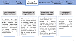 Synthèse de
l’article
Principe de
fonctionnement
Résultats récoltés
Types de traitement
des données
Discussion et
critique
Techniques
adoptées
Modélisation de la
lagune anaérobie
Modélisation de la
lagune HRAP
Cette technique repose
sur une version modifiée
du modèle RWQM1, qui
est un modèle de qualité
de l'eau utilisé pour
simuler les processus
biologiques dans les
systèmes de traitement à
base de lagunes à haute
efficacité.
Il repose sur une
simplification du modèle
ADM1 (Modèle de
Digestion Anaérobie)
pour représenter les
processus biologiques
clés tels que l’hydrolyse,
l’acidogenèse et la
méthanogenèse.
Simulation et
optimisation
Utilisation du logiciel
WEST® pour
modéliser les
processus et optimiser
les performances des
lagunes.
Combinaison entre
les deux techniques
Le système combine une
lagune anaérobie qui
dégrade la matière
organique en méthane et
CO , et une lagune HRAP,
₂
qui utilise les nutriments
restants pour la croissance
des algues et la production
d'oxygène par
photosynthèse, complétant
ainsi le traitement .
4
 