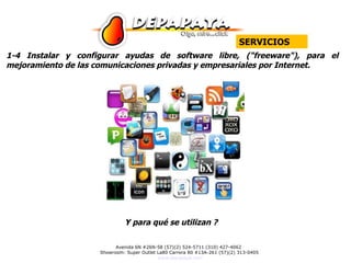 1-4 Instalar y configurar ayudas de software libre, ("freeware"), para el mejoramiento de las comunicaciones privadas y empresariales por Internet.  Y para qué se utilizan ?  SERVICIOS 