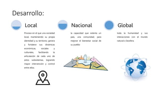 Desarrollo:
Proceso en el que una sociedad
local, manteniendo su propia
identidad y su territorio, genera
y fortalece sus dinámicas
económicas, sociales y
culturales, facilitando la
articulación de cada uno de
estos subsistemas, logrando
mayor intervención y control
entre ellos.
Local
la capacidad que ostenta un
país, una comunidad, para
mejorar el bienestar social de
su pueblo
Nacional
toda la humanidad y sus
interacciones con el mundo
natural o biosfera.
Global
 
