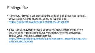 Bibliografía:
• Román, M. (1999) Guía practica para el diseño de proyectos sociales.
Universidad Alberto Hurtado. Chile. Recuperado de:
https://repositorio.uahurtado.cl/handle/11242/8340
• Baca-Tavira, N. (2016) Proyectos Sociales. Notas sobre su diseño y
gestión en territorios rurales. Universidad Autónoma de México.
Toluca 2016. México. Recuperado de:
https://www.scielo.org.mx/scielo.php?script=sci_arttext&pid=S1405-
14352016000300069
 