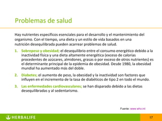 Problemas de salud
Hay nutrientes específicos esenciales para el desarrollo y el mantenimiento del
organismo. Con el tiempo, una dieta y un estilo de vida basados en una
nutrición desequilibrada pueden acarrear problemas de salud.
1. Sobrepeso y obesidad; el desequilibrio entre el consumo energético debido a la
   inactividad física y una dieta altamente energética (exceso de calorías
   procedentes de azúcares, almidones, grasas o por exceso de otros nutrientes) es
   el determinante principal de la epidemia de obesidad. Desde 1980, la obesidad
   mundial ha aumentado más del doble.
2. Diabetes; el aumento de peso, la obesidad y la inactividad son factores que
   influyen en el incremento de la tasa de diabéticos de tipo 2 en todo el mundo.
3. Las enfermedades cardiovasculares; se han disparado debido a las dietas
   desequilibradas y al sedentarismo.



                                                                Fuente: www.who.int


                                                                                      17
 