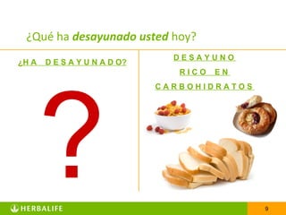 ¿Qué ha desayunado usted hoy?
                                DESAYUNO
¿H A   D E S A Y U N A D O?
                                 RICO   EN




       ?
                              CARBOHIDRATOS




                                              9
 