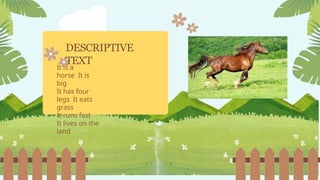DESCRIPTIVE
TEXT
It is a
horse It is
big
It has four
legs It eats
grass
It runs fast
It lives on the
land
 