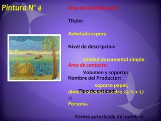 Área de Identificación:  Titulo:  Anhelada espera  Nivel de descripción:  Unidad documental simple  Volumen y soporte:  soporte papel, dimensiones del cuadro 23 ¼ x 27  ¼  Área de contexto:  Nombre del Productor:  Tipo de entidad:  Persona.  Forma autorizada del nombre:  Sánchez, Edgardo  Forma de ingreso:   Se adquiere forma de prestación por exposición  