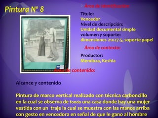 Área de contenido:  Alcance y contenido  Pintura de marco vertical realizado con técnica carboncillo en la cual se observa de  fondo  una casa donde hay una mujer vestida con un  traje la cual se muestra con las manos arriba con gesto en vencedora en señal de que le gano al hombre que esta frente a ella en la cual se muestra preocupado.  