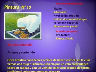 Área de contenido:  Alcance y contenido  Obra artística con técnica acrílica de lienzo vertical en la cual vemos una mujer Islámica cubierta por un velo color blanco sobre su cabeza y con un vestido color azul orando de forma tradicional sobre un tapete en el pasto. 
