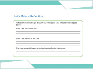 Let’s Make a Reflection
Reflect on your learning in this unit and write down your reflection in the space
below.
What I like best in this unit:
_________________________________________________________________________
_________________________________________________________________________
_________________________________________________________________________
What I feel difficult in this unit:
_________________________________________________________________________
_________________________________________________________________________
_________________________________________________________________________
The improvement I have made after learning English in this unit:
_________________________________________________________________________
________________________________________________________________________
________________________________________________________________________
 