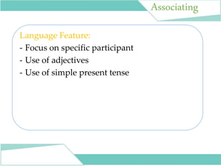 Associating
Language Feature:
- Focus on specific participant
- Use of adjectives
- Use of simple present tense
 