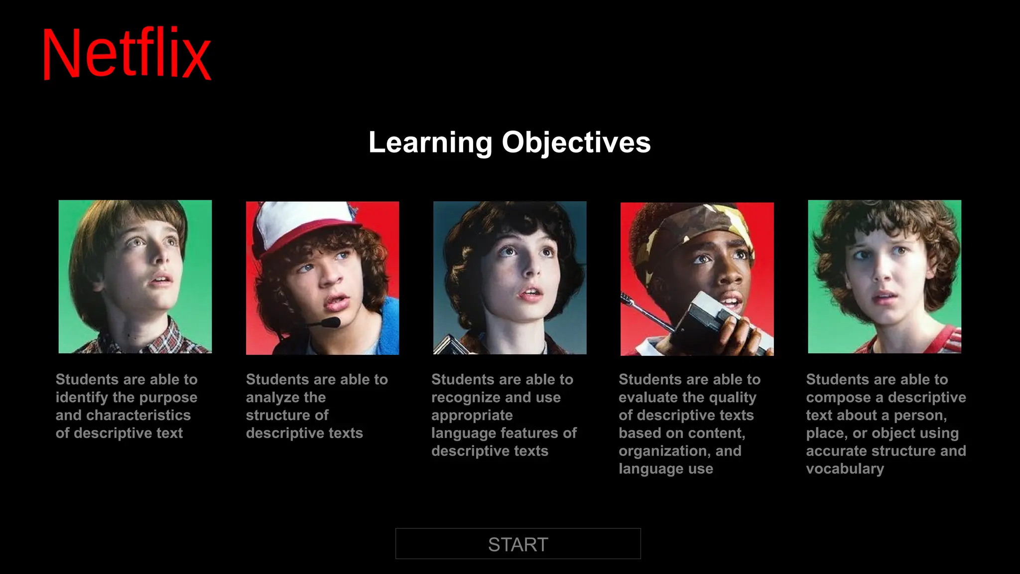 Learning Objectives
Students are able to
identify the purpose
and characteristics
of descriptive text
Students are able to
analyze the
structure of
descriptive texts
Students are able to
recognize and use
appropriate
language features of
descriptive texts
Students are able to
evaluate the quality
of descriptive texts
based on content,
organization, and
language use
Students are able to
compose a descriptive
text about a person,
place, or object using
accurate structure and
vocabulary
START
 