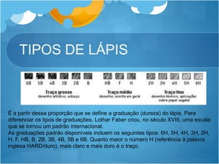 TIPOS DE LÁPIS
É a partir dessa proporção que se define a graduação (dureza) do lápis. Para
diferenciar os tipos de graduações, Lothar Faber criou, no século XVIII, uma escala
que se tornou um padrão internacional.
As graduações padrão disponíveis incluem os seguintes tipos: 6H, 5H, 4H, 3H, 2H,
H, F, HB, B, 2B, 3B, 4B, 5B e 6B. Quanto maior o número H (referência à palavra
inglesa HARD/duro), mais claro e mais duro é o traço.
 