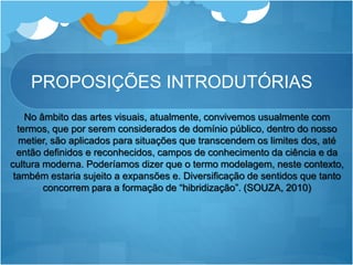 PROPOSIÇÕES INTRODUTÓRIAS
No âmbito das artes visuais, atualmente, convivemos usualmente com
termos, que por serem considerados de domínio público, dentro do nosso
metier, são aplicados para situações que transcendem os limites dos, até
então definidos e reconhecidos, campos de conhecimento da ciência e da
cultura moderna. Poderíamos dizer que o termo modelagem, neste contexto,
também estaria sujeito a expansões e. Diversificação de sentidos que tanto
concorrem para a formação de “hibridização”. (SOUZA, 2010)
 