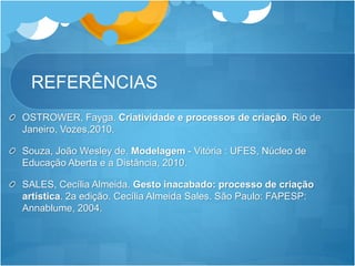 REFERÊNCIAS
OSTROWER, Fayga. Criatividade e processos de criação. Rio de
Janeiro, Vozes,2010.
Souza, João Wesley de. Modelagem - Vitória : UFES, Núcleo de
Educação Aberta e a Distância, 2010.
SALES, Cecília Almeida. Gesto inacabado: processo de criação
artística. 2a edição. Cecília Almeida Sales. São Paulo: FAPESP:
Annablume, 2004.
 