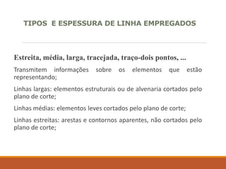 TIPOS E ESPESSURA DE LINHA EMPREGADOS
Estreita, média, larga, tracejada, traço-dois pontos, ...
Transmitem informações sobre os elementos que estão
representando;
Linhas largas: elementos estruturais ou de alvenaria cortados pelo
plano de corte;
Linhas médias: elementos leves cortados pelo plano de corte;
Linhas estreitas: arestas e contornos aparentes, não cortados pelo
plano de corte;
 