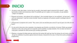 Miriam Sandra Quispe Huanca
4
• ¿Si quiero contar algo alegre o curioso que me sucedió, cómo puedo captar la atención de los demás?, ¿saben
qué nombre reciben estas narraciones orales? Es probable que no lo sepan o no lo recuerden, así que ayúdalos
a llegar a la respuesta.
• •Pregunta nuevamente: ¿qué sabemos de las anécdotas?, ¿han escuchado alguna vez una anécdota?, ¿de qué trató?, ¿cómo
eran esas narraciones?, ¿cuál fue la más divertida? Anota sus respuestas en la pizarra usando la estrategia relato de
experiencias.
• Comunicamos el propósito de la sesión: “Hoy vamos a leer una anécdota para conocer lo que les pasó a las niñas de la hi
storia”.
• En esta sesión observarás cómo responden a las preguntas que formules con relación a la lectura. Pídeles que pongan
atención en cómo está escrita, pues en la siguiente sesión escribirán su propia anécdota. Ten a la mano las listas de
cotejo para ir anotando las observaciones que consideres pertinentes.
• •Elegimos a un grupo de trabajo para que seleccione dos normas del cartel que tiene las normas de convivencia, con el fin
de que los estudiantes les presten especial atención durante el desarrollo de la clase. Al final de la sesión evaluarás su
cumplimiento.
INICIO
 