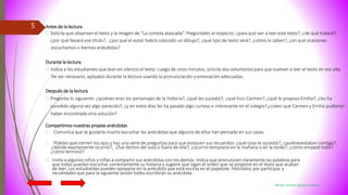 Miriam Sandra Quispe Huanca
5 Antes de la lectura
 Solicita que observen el texto y la imagen de “La cometa atascada”. Pregúntales al respecto: ¿para qué van a leer este texto?, ¿de qué tratará?,
¿por qué llevará ese título?, ¿por qué el autor habrá colocado un dibujo?, ¿qué tipo de texto será?, ¿cómo lo saben?, ¿en qué ocasiones
escuchamos o leemos anécdotas?
Durante la lectura
 Indica a los estudiantes que lean en silencio el texto. Luego de unos minutos, solicita dos voluntarios para que vuelvan a leer el texto en voz alta.
De ser necesario, apóyalos durante la lectura usando la pronunciación y entonación adecuadas.
Después de la lectura
 Pregunta lo siguiente: ¿quiénes eran los personajes de la historia?, ¿qué les sucedió?, ¿qué hizo Carmen?, ¿qué le propuso Emilia?, ¿les ha
sucedido alguna vez algo parecido?, ¿y en estos días les ha pasado algo curioso e interesante en el colegio?,¿creen que Carmen y Emilia pudieron
haber encontrado otra solución?
Compartimos nuestras propias anécdotas
 Comunica que te gustaría mucho escuchar las anécdotas que algunos de ellos han pensado en sus casas.
 Pídeles que cierren los ojos y haz una serie de preguntas para que evoquen sus recuerdos: ¿qué cosa te sucedió?, ¿quiénesestaban contigo?,
¿dónde exactamente ocurrió?, ¿fue dentro del aula o fuera de ella?, ¿ocurrió temprano en la mañana o en la tarde?, ¿cómo empezó todo?
¿cómo terminó?
 Invita a algunos niños y niñas a compartir sus anécdotas con los demás. Indica que pronuncien claramente las palabras para
que todos puedan escuchar correctamente su historia y sugiere que sigan el orden que se propone en el texto que acaban
de leer. Los estudiantes pueden apoyarse en la anécdota que está escrita en el papelote. Felicítalos por participar y
recuérdales que para la siguiente sesión todos escribirán su anécdota.
 