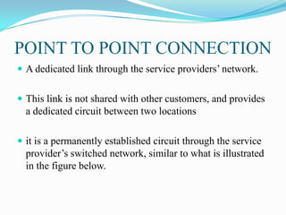 POINT TO POINT CONNECTION
 A dedicated link through the service providers’ network.
 This link is not shared with other customers, and provides
a dedicated circuit between two locations
 it is a permanently established circuit through the service
provider’s switched network, similar to what is illustrated
in the figure below.
 