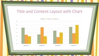 0
1
2
3
4
5
6
Category 1 Category 2 Category 3 Category 4
Series 1 Series 2 Series 3
Title and Content Layout with Chart
www.MsWordPowerPointExpert.com
 