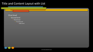  First level
 Second level
 Third level
 Fourth level
 Fifth level
Title and Content Layout with List
www.MsWordPowerPointExpert.com
 