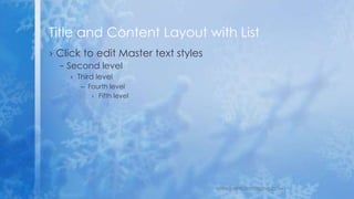  First level
◦ Second level
 Third level
 Fourth level
 Fifth level
Title and Content Layout with List
www.MsWordPowerPointExpert.com
 