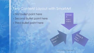 • Task 1
• Task 2
Group A
• Task 1
• Task 2
Group B
• Task 1
Group C
 First bullet point here
 Second bullet point here
 Third bullet point here
Two Content Layout with SmartArt
www.MsWordPowerPointExpert.com
 